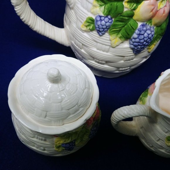 Pitcher Sugar Creamer Set Basket Weave Fruit Pattern Interpur Int'l Ceramic - Picture 7 of 11